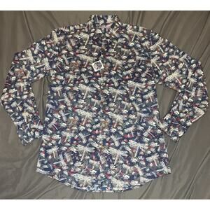 Coton Doux Men’s 15.75 Bug Insect Floral Print Blue Stretch Dress Shirt L/S